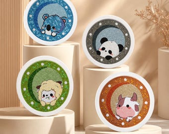 Framed Diamond Art Kit, Kawaii Animal DIY Craft Decor, Round Panda Cow Koala Sheep Display Gift for Home Desk Room