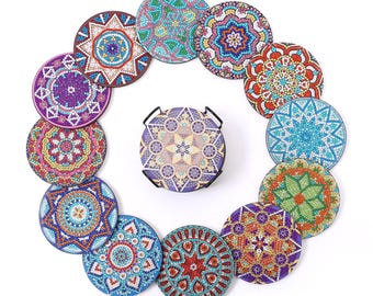 Kit de posavasos con pintura de diamantes DIY, diseños de animales mandala, kit de manualidades de madera