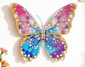 3D Butterfly Diamond Painting Kit, Wooden Puzzle Craft Ornament, Colorful Rhinestone Wall Decor Gift