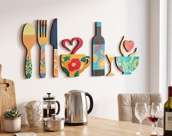 Kitchen Utensil Wall Art, Wooden Decor Stickers for Dining Room and Cafe