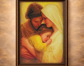 Kit de pintura de diamantes de la Sagrada Familia, lienzo de terciopelo cristiano para pared (30 x 40 cm)