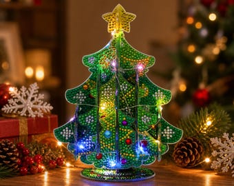 DIY 3D Christmas Tree Diamond Painting Kit, Acrylic LED Tabletop Xmas Decor, Rhinestone Holiday Craft Gift