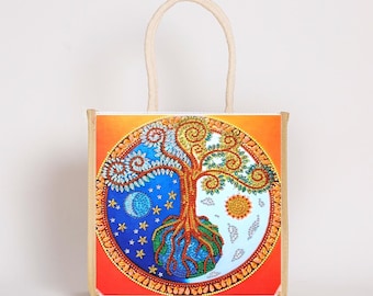 Bolso de mano para pintura de diamantes, bolso de compras y manualidades con diseño del Árbol de la Vida.