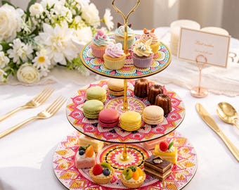 Pink Mandala Diamond Painting Cake Stand, 3 Tier Wooden DIY Cupcake Tray