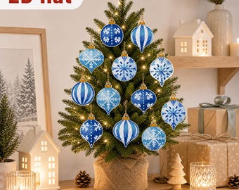 12Pcs Blue Xmas Bauble Diamond Ornaments, Winter Tree DIY Decor