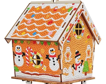 Kit de pintura de diamantes 3D Casa de jengibre, Manualidad navideña de madera, Decoración navideña de muñeco de nieve