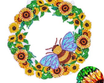 Kit de corona de pintura de diamantes, decoración navideña de girasol y abeja, proyecto de manualidades DIY