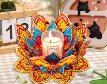 Portavelas de pintura de diamantes DIY, soporte para velas pequeñas con mandala de loto acrílico, decoración del hogar y manualidades.