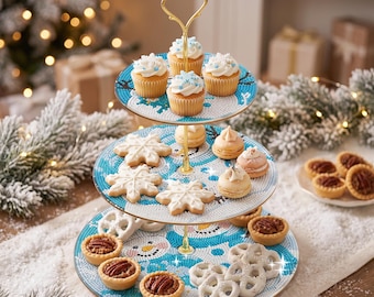 Snowman Diamond Painting Cake Stand, 3 Tier Wooden DIY Winter Cupcake Tray