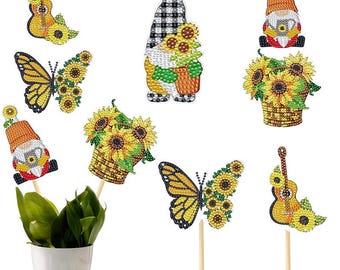 Decoración con estacas para plantas, adorno de mariposa para jardín y maceta con forma de gnomo, acento para pintura de diamantes DIY