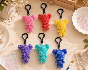 6 Pcs DIY Diamond Art Bear Keychains, Sparkly Bag Charm Kit for Friends Gifts