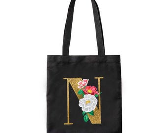 Bolso tote con monograma floral, bolso de lona con iniciales para uso diario, bolso de hombro con iniciales, regalo