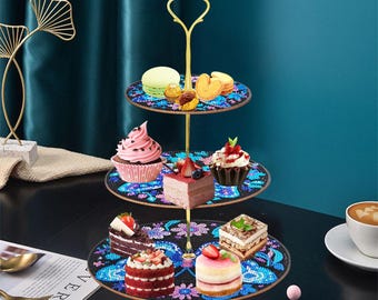 Blue Butterfly Wooden Cake Stand, DIY Diamond Art Dessert Tray for Parties