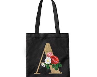 Bolso tote con monograma floral, bolso de lona con iniciales para uso diario, bolso de hombro con iniciales, regalo