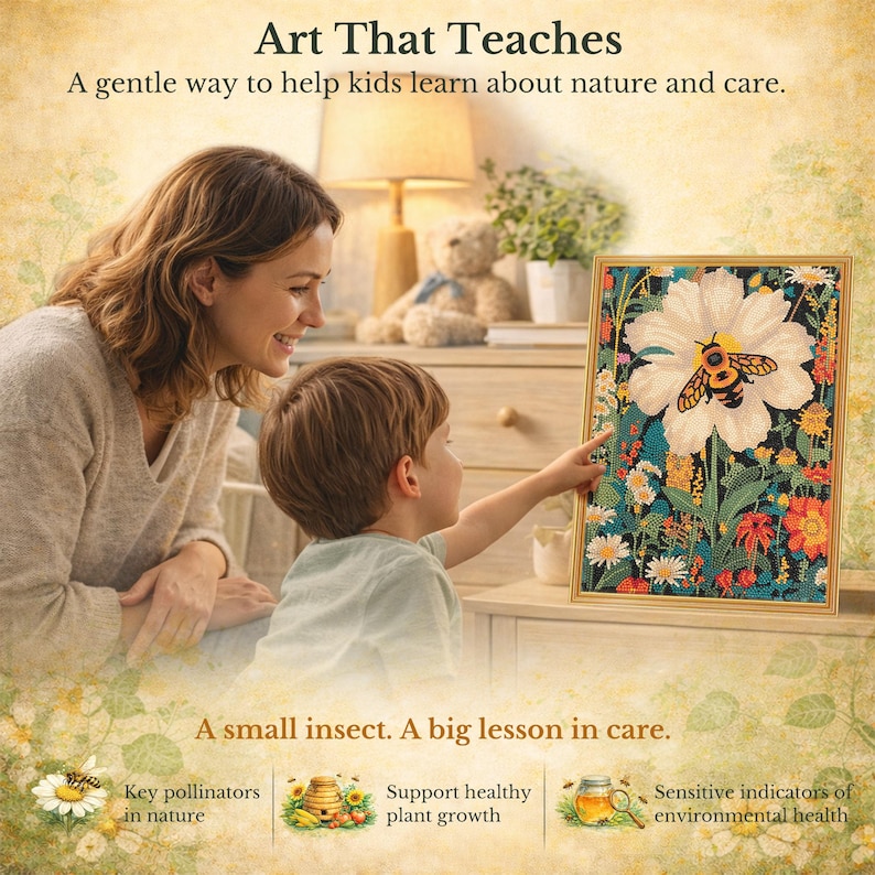 May include: A framed artwork featuring a large white flower with a bee, surrounded by colorful flowers. The text "Art That Teaches" and "A small insect. A big lesson in care." are displayed. A woman and child are looking at the artwork.