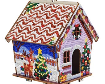 Kit de pintura de diamantes 3D para hacer una casa de jengibre, decoración navideña de madera (para armar tú mismo).