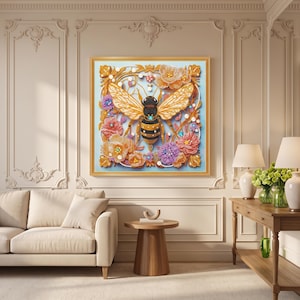 Peut inclure: Une œuvre d'art murale carrée représentant une abeille centrale aux ailes dorées et au corps rayé noir et jaune, entourée de motifs floraux complexes dans des tons de rose, violet et or, agrémentée de petites perles blanches et de cristaux bleus.