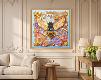Könnte beinhalten: Ein quadratisches Wandbild mit einer zentralen Biene mit goldenen Flügeln und einem schwarz-gelb gestreiften Körper, umgeben von komplizierten Blumenmustern in Rosa-, Lila- und Goldtönen, akzentuiert mit kleinen weißen Perlen und blauen Kristallen.