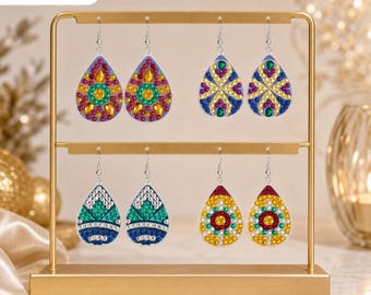 Acrylic DIY Diamond Painting Earrings Kit, 4 Pairs Teardrop Dangle Earrings Craft Set