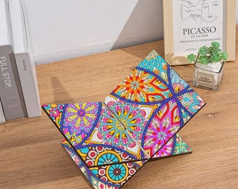Kit de manualidades DIY para pintar con diamantes: soporte de madera con diseño de mandala, soporte portátil para libros.