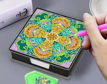 Kit de caja de notas con pintura de diamantes Mandala, organizador de escritorio estilo boho, soporte para notas adhesivas