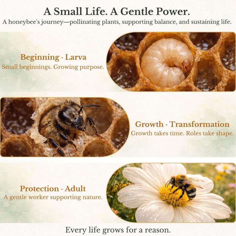May include: An educational graphic about the life cycle of a honeybee. The image shows a larva, a bee in a honeycomb, and a bee on a flower. Text includes "A Small Life. A Gentle Power."