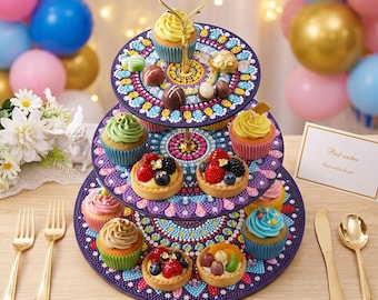 Mandala Diamond Painting Cake Stand, 3 Tier Wooden DIY Cupcake Dessert Tray