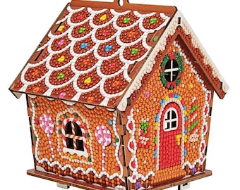 Kit de pintura de diamantes 3D Casa de jengibre, adorno navideño de madera para manualidades (decoración de mesa/colgante)