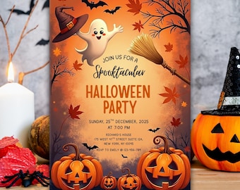 May include: A Halloween party invitation with a spooky theme. The design features a smiling ghost, bats, pumpkins, and the words "Join us for a Spooktacular Halloween Party." The invitation includes the date, time, and RSVP information.