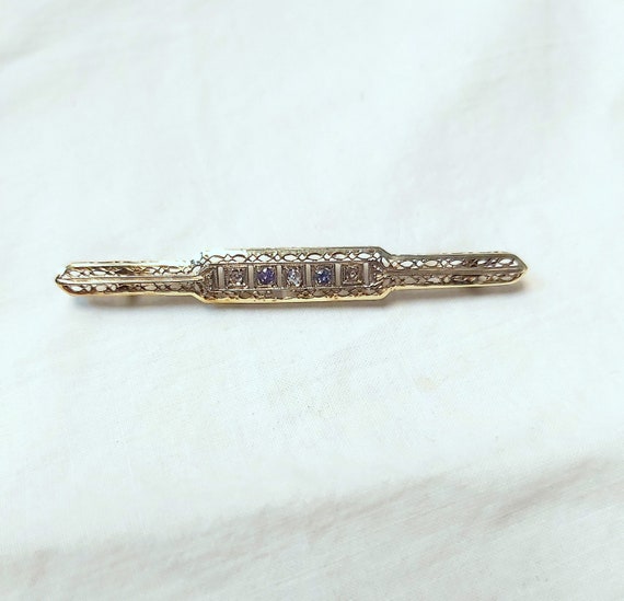 14k Art Nouveau Diamond & Tanzanite-like Brooch - image 1