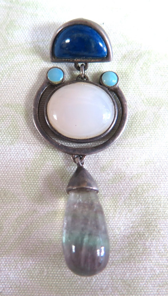 Sterling Silver Pendant with Blue, White, and Gre… - image 3