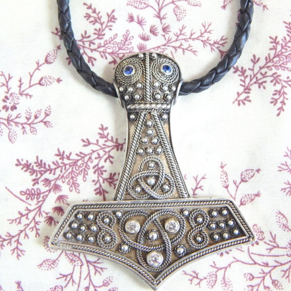 One of a Kind Kasper Diamond, Sapphire and Sterling Silver Thor's Hammer Lariat Necklace with Appraisal Documents