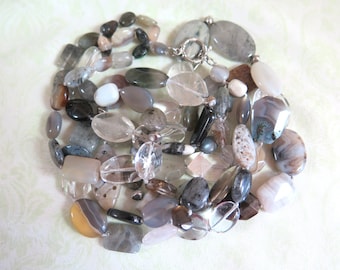 Polish Stone Bead Gray/Clear Multi-layered Necklace