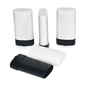 May include: A collection of white and black deodorant containers. The white containers have a black base. One black container is shown separately. The containers are cylindrical with an oval top.
