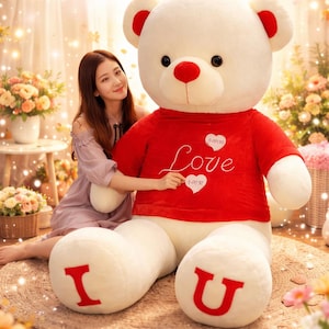 May include: A large, white teddy bear wearing a red shirt with the word "Love" and two heart-shaped patches. The bear has red accents on its ears and nose, and the letters "I" and "U" are on its feet. The Etsy logo is visible.