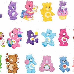Może przedstawiać: Kolekcja kolorowych Care Bears w różnych pozach. Misie są w odcieniach fioletu, różu, żółci, błękitu, zieleni i brązu. Niektóre misie trzymają przedmioty, takie jak książki, pędzle i kwiaty. Każdy miś ma unikalną odznakę na brzuchu.