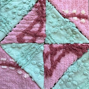 Dusty Rose & Rust flower basket w matching shade of mint Green. Vintage Chenille Fabric Quilt Squares in a Set of 9 blocks 6x6&quot;