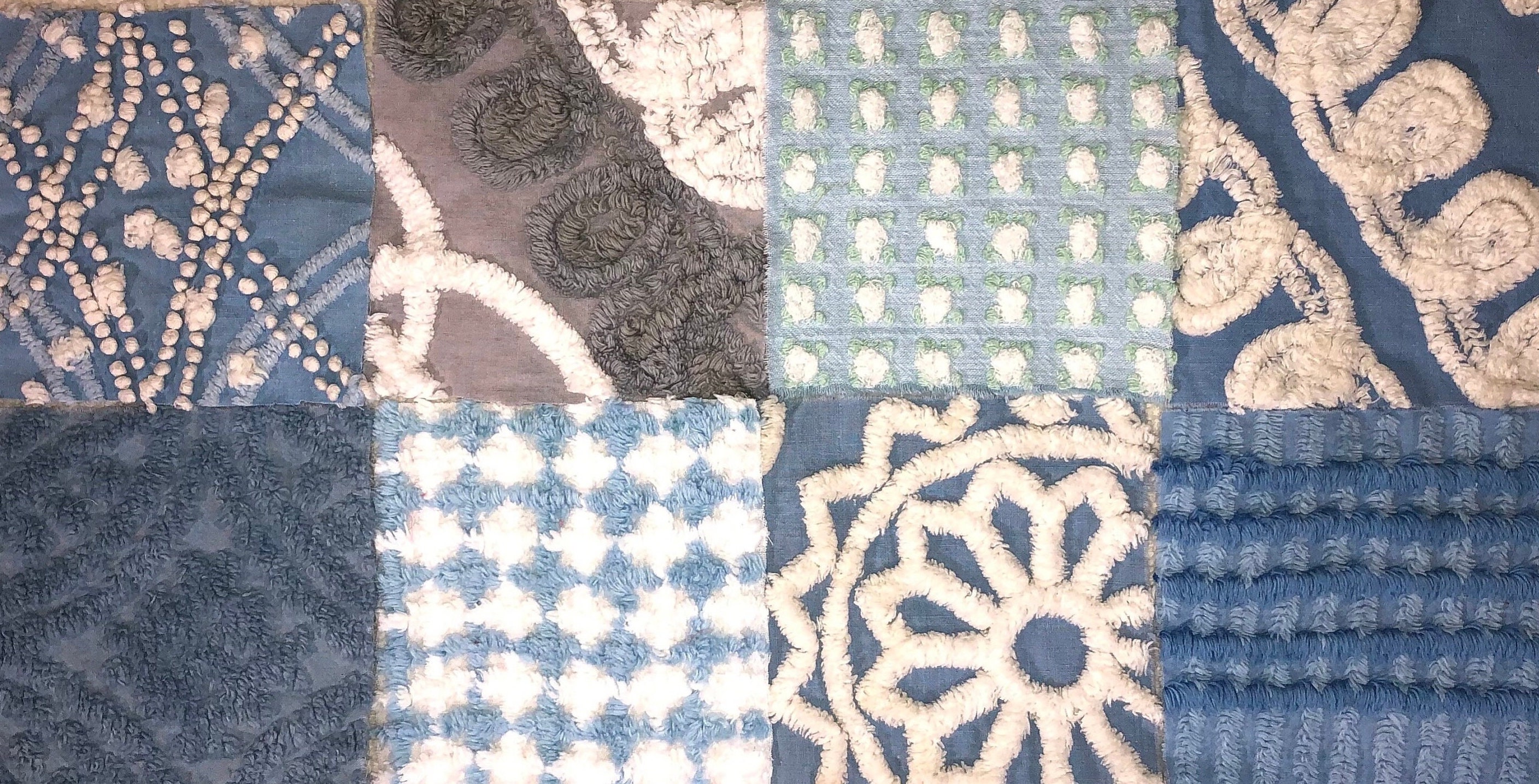 Vintage Chenille Fabric Quilt Squares / Morgan Jones Rosebud White and ...