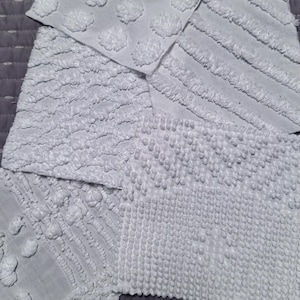 Snow whites- selection of Chenille Fabric Quilt Squares in white / all unique patterns and textures. Qty 16 6x6&quot; 1 each pattern.