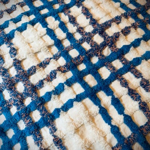 May include: A white rug with a blue and pink checkered pattern. The rug is made of a fluffy, textured material.