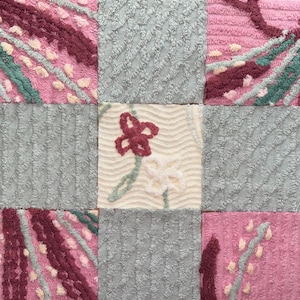 Dusty Rose & Rust flower basket w matching shade of Sage Green. Vintage Chenille Fabric Quilt Squares in a Set of 9 blocks 6x6&quot;
