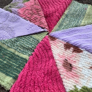 Summer floral garden selection. Pink pizzazz, lavender, green grass, floral mix of Vintage Chenille Fabric Quilt Squares in Set of 16 6x6&quot;