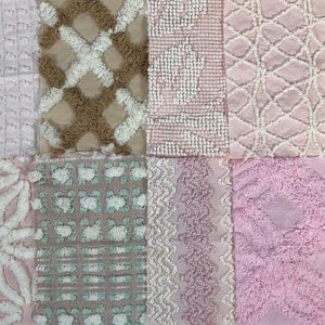 Vintage Chenille Fabric Quilt Squares / Mocha, Pink and White. Qty 12 6x6&quot; -1 of each pattern