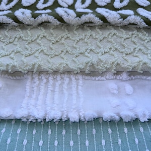 Refreshing Mint, olive & white set of four 12x12” cuts of Vintage Chenille Fabric. Larger pieces Equal to 16 pc of 6x6” blocks.