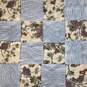 Vintage Chenille and Linen Fabric Squares / Blue Grapes & leaves. Qty 16 6x6" - 8 of each pattern