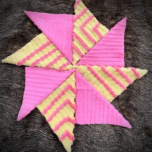 Color pop! Bright pink & sunshine yellow w pink tufts. Striking - Vintage Chenille Fabric blocks for crafting or quilts. 9 pc 6x6&quot;
