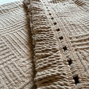 Morgan Jones beige woven hatch. Vintage Chenille Bedspread Full Size. 3” twisted fringe