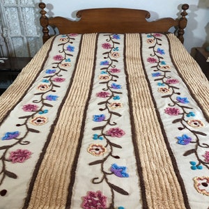 Gorgeous Vintage Chenille Bedspread 100x86. Mocha with lots of bright beautiful multicolor floral tufts.