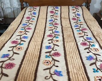 Gorgeous Vintage Chenille Bedspread 100x86. Mocha with lots of bright beautiful multicolor floral tufts.