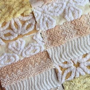 Happy shades of yellow |Cabin Craft squiggle, Hofmann Daisy, 4 pointed flower, etc Vintage Chenille Fabric -12 blocks 6x6&quot; 2 of each pattern